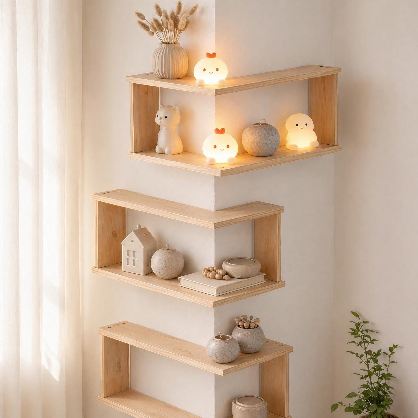 Corner Floating Wood Shelf – Wall Mounted Display Rack for Plants and Ornaments