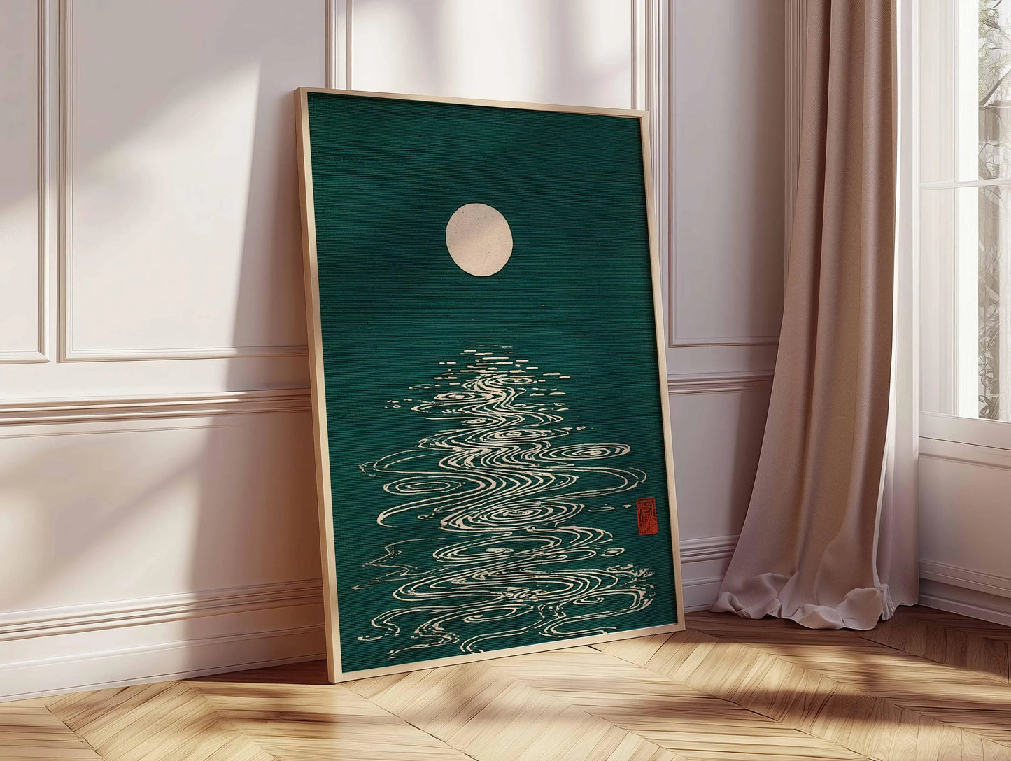 Japanese Wall Art Print, Moon Reflection Poster, Minimalist Japan Decor