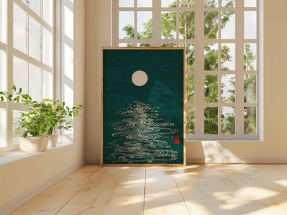 Japanese Wall Art Print, Moon Reflection Poster, Minimalist Japan Decor