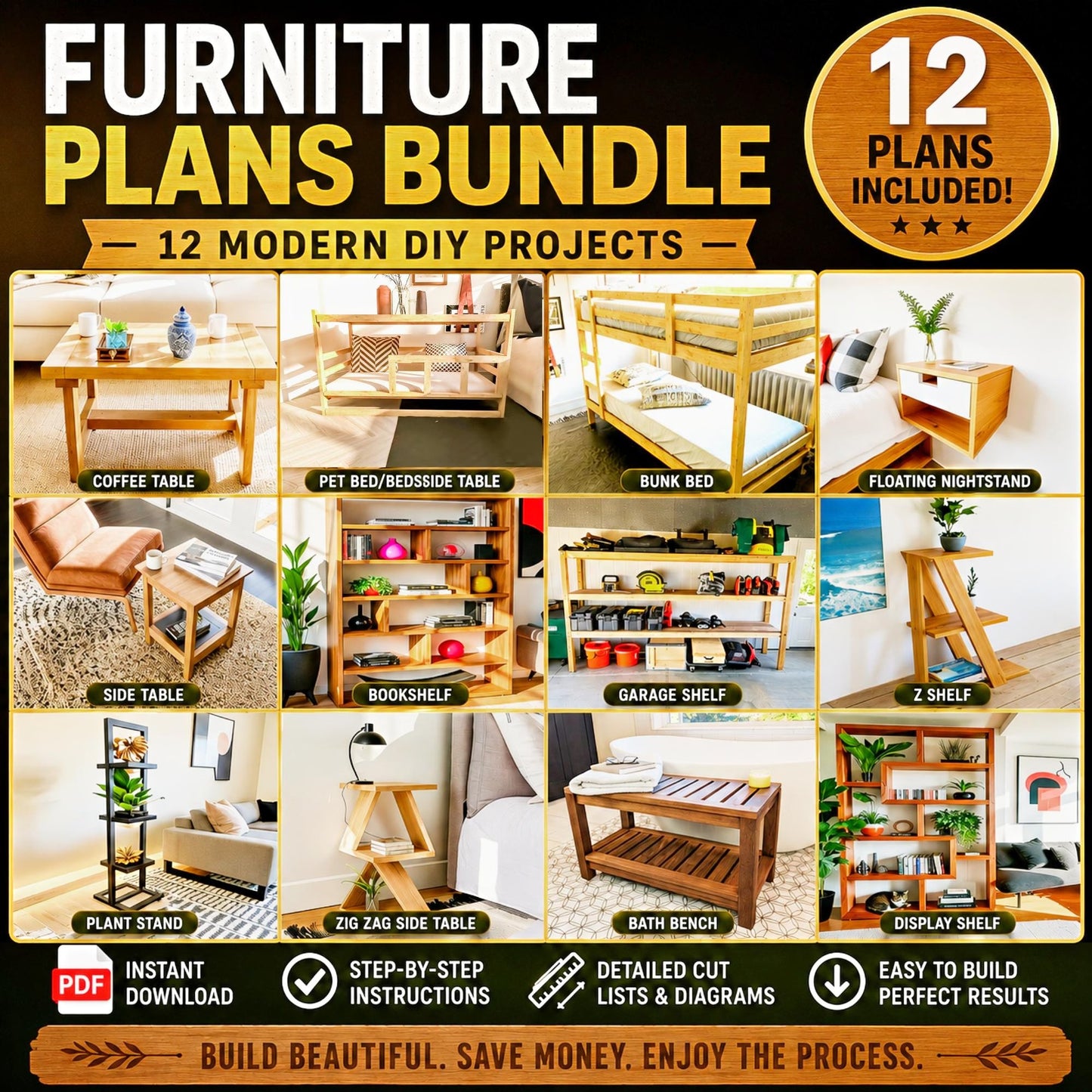 12 Wood Furniture Plans Bundle | Beginner DIY Projects