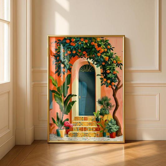 Mediterranean Blue Door Wall Art Poster, Colorful Digital Art Print, Southern Botanical Wall Poster, Instant Download