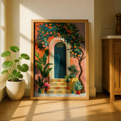 Mediterranean Blue Door Wall Art Poster, Colorful Digital Art Print, Southern Botanical Wall Poster, Instant Download
