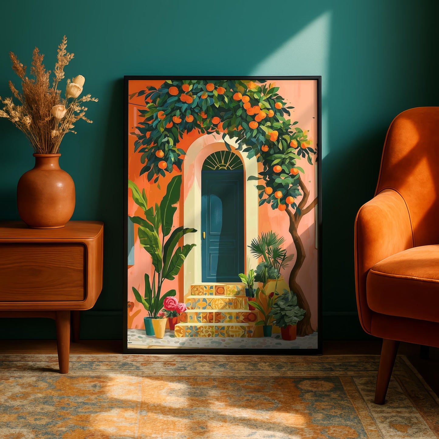 Mediterranean Blue Door Wall Art Poster, Colorful Digital Art Print, Southern Botanical Wall Poster, Instant Download