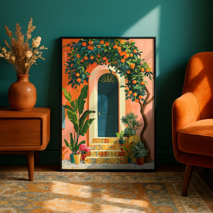 Mediterranean Blue Door Wall Art Poster, Colorful Digital Art Print, Southern Botanical Wall Poster, Instant Download