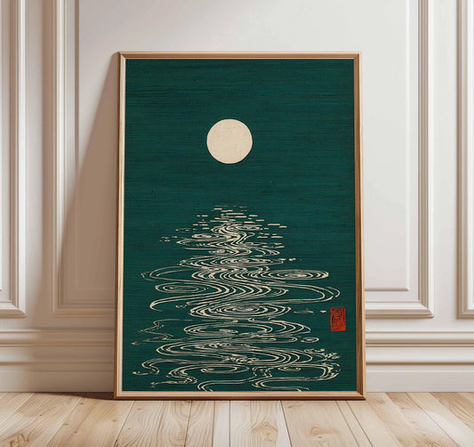 Japanese Wall Art Print, Moon Reflection Poster, Minimalist Japan Decor
