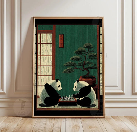 Panda Chess Poster, Japanese Room Print